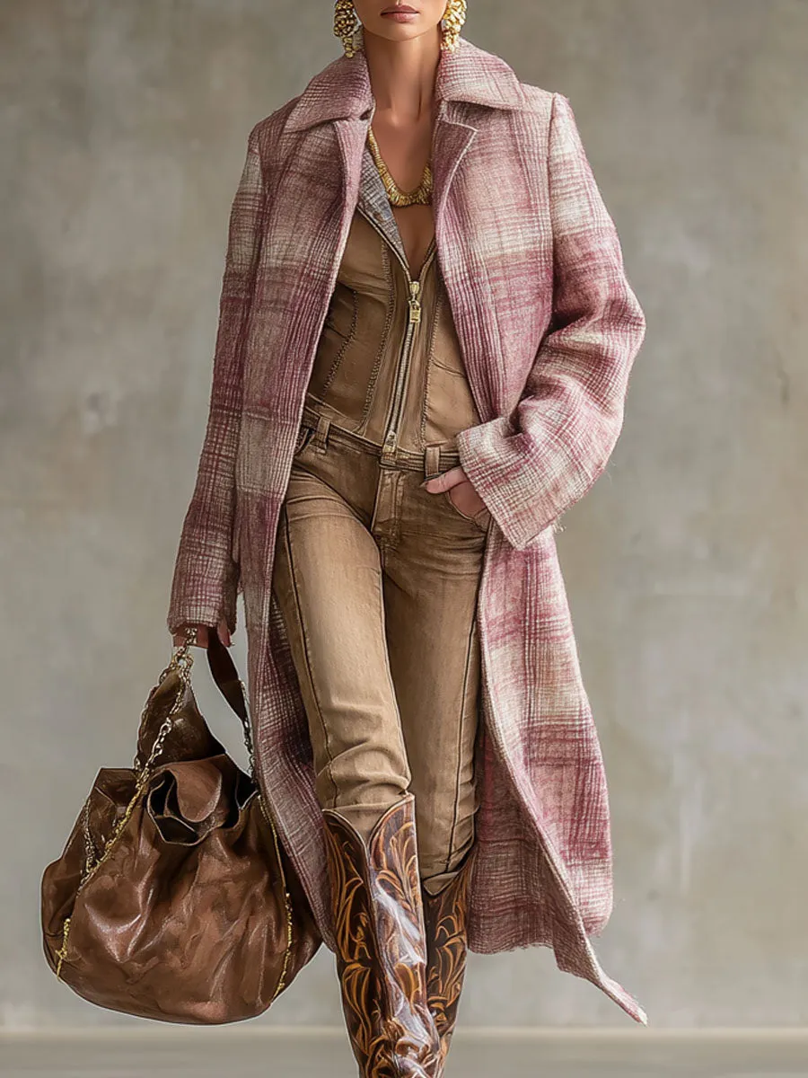 Lapel Double Pocket Pink Plaid Wool Coat sold by Oyrosy