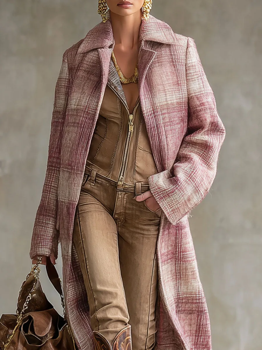 Lapel Double Pocket Pink Plaid Wool Coat sold by Oyrosy product image thumbnail 2
