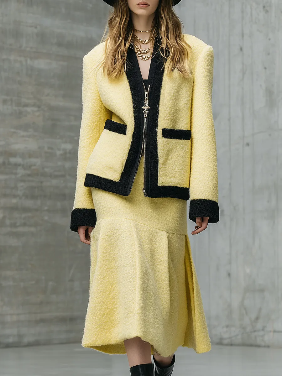 Fashionable Black Contrast Cream Long Fur Wool Jacket Pleated Skirt Set sold by Oyrosy