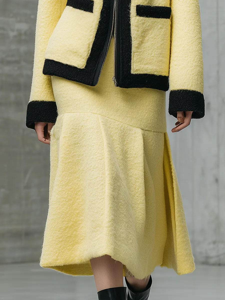 Fashionable Black Contrast Cream Long Fur Wool Jacket Pleated Skirt Set sold by Oyrosy product image thumbnail 4