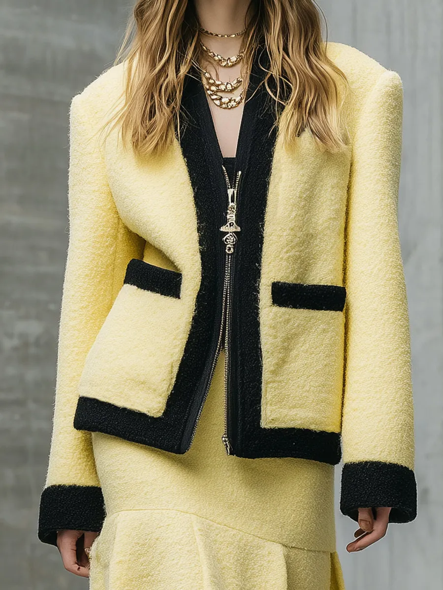 Fashionable Black Contrast Cream Long Fur Wool Jacket Pleated Skirt Set sold by Oyrosy product image thumbnail 3