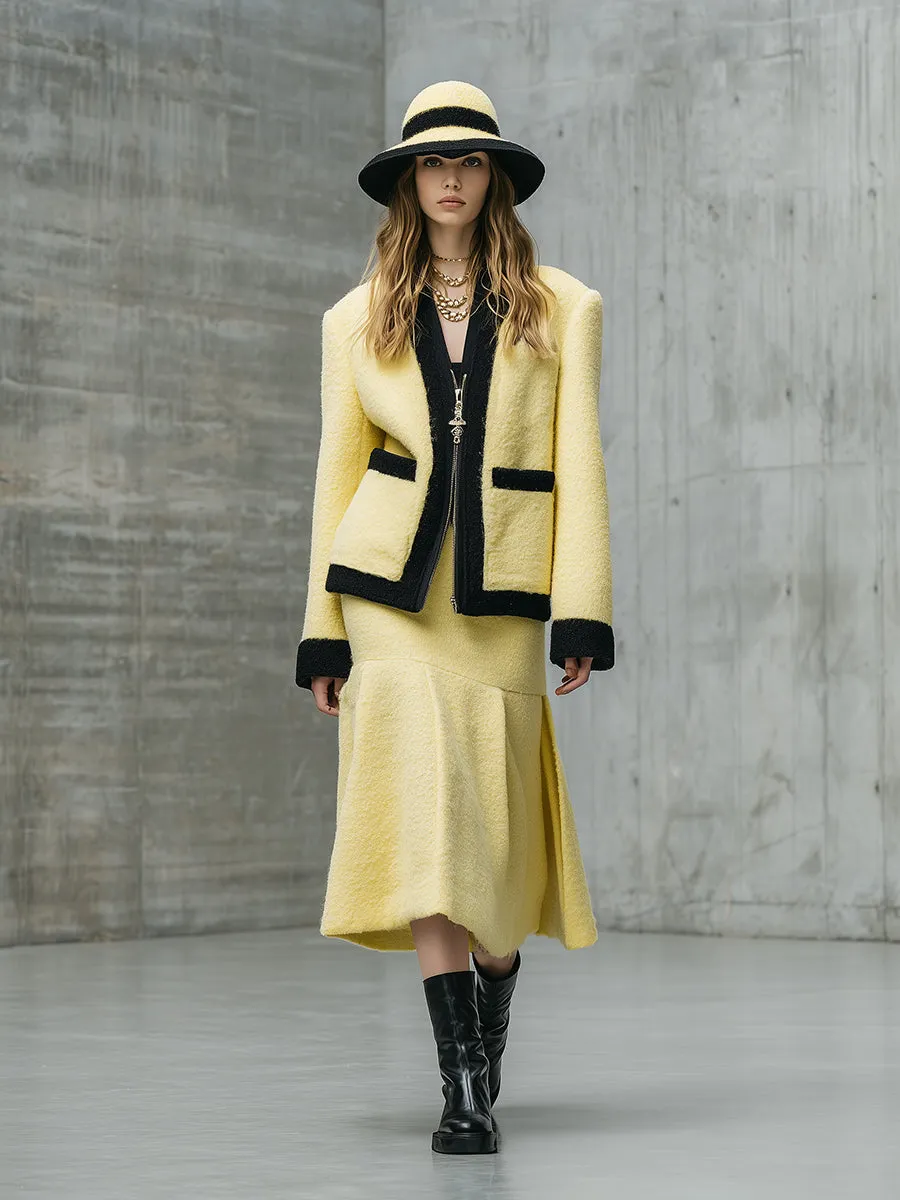 Fashionable Black Contrast Cream Long Fur Wool Jacket Pleated Skirt Set sold by Oyrosy product image thumbnail 2