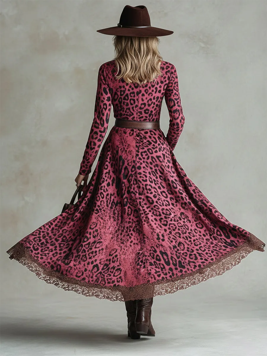Vintage Western Lace Hem Pink Leopard Print Faux Suede Maxi Dress sold by Oyrosy product image thumbnail 5