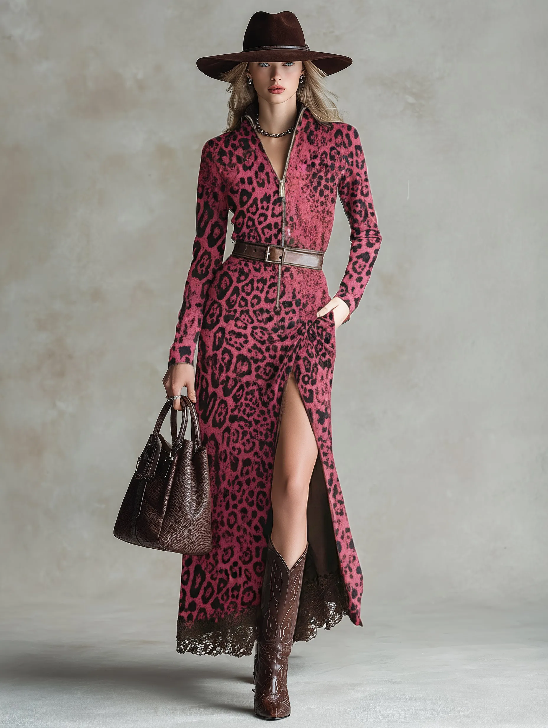 Vintage Western Lace Hem Pink Leopard Print Faux Suede Maxi Dress sold by Oyrosy product image thumbnail 2