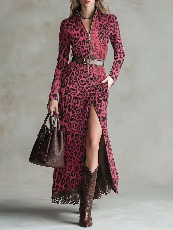 Vintage Western Lace Hem Pink Leopard Print Faux Suede Maxi Dress sold by Oyrosy