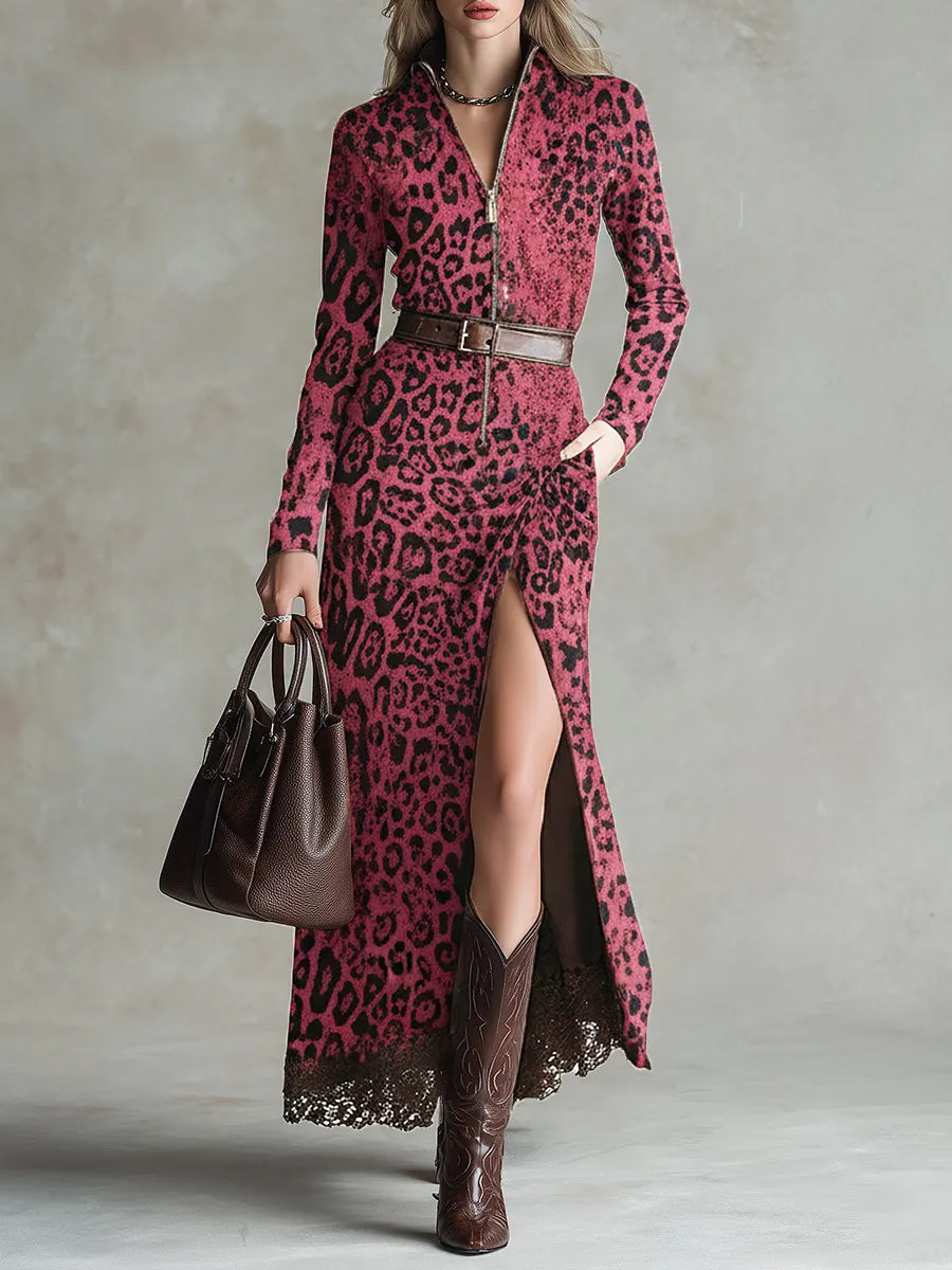 Vintage Western Lace Hem Pink Leopard Print Faux Suede Maxi Dress sold by Oyrosy