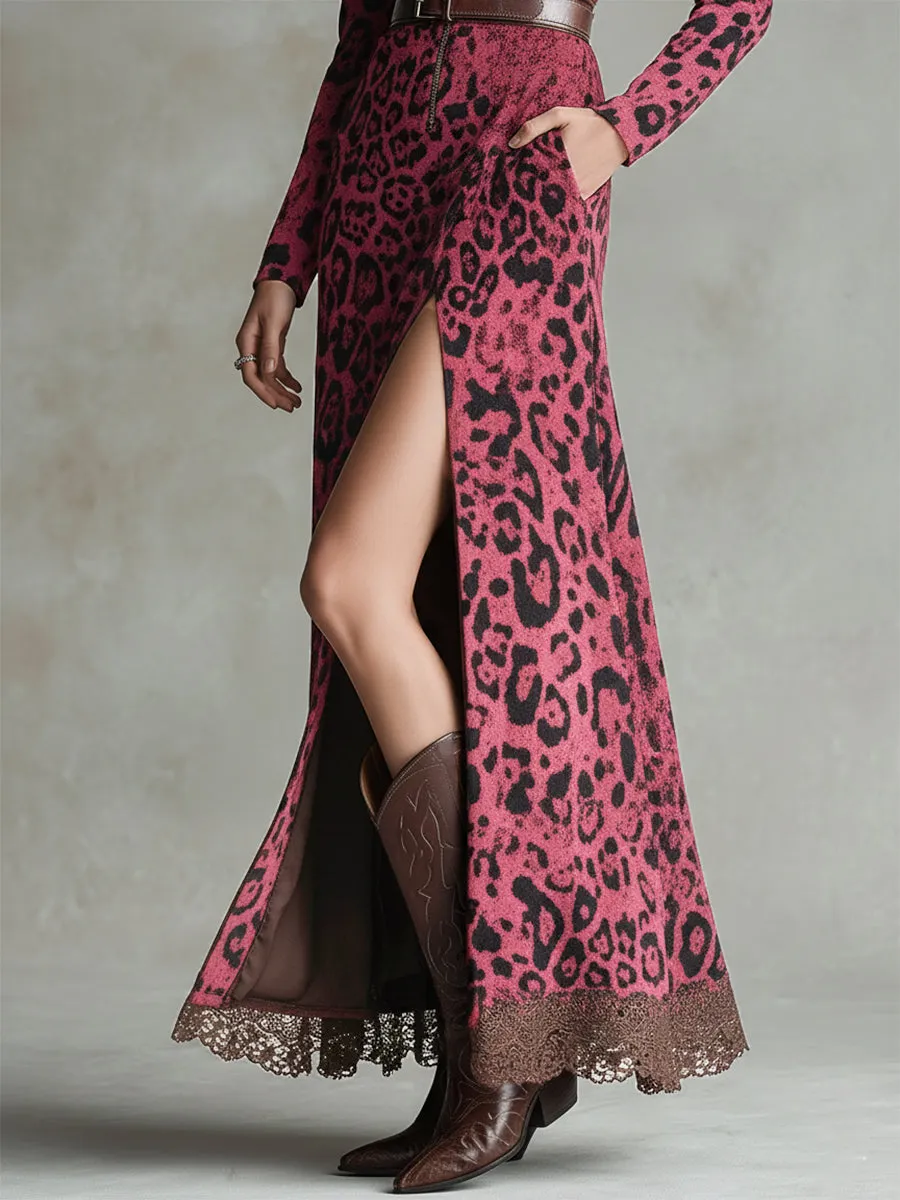 Vintage Western Lace Hem Pink Leopard Print Faux Suede Maxi Dress sold by Oyrosy product image thumbnail 3