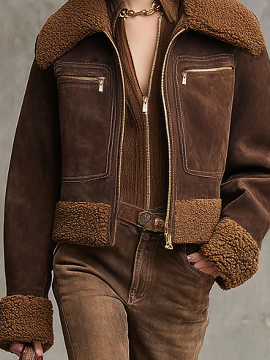 Western Lapel Zipper Faux Suede Sherpa Jacket sold by Oyrosy product image thumbnail 3