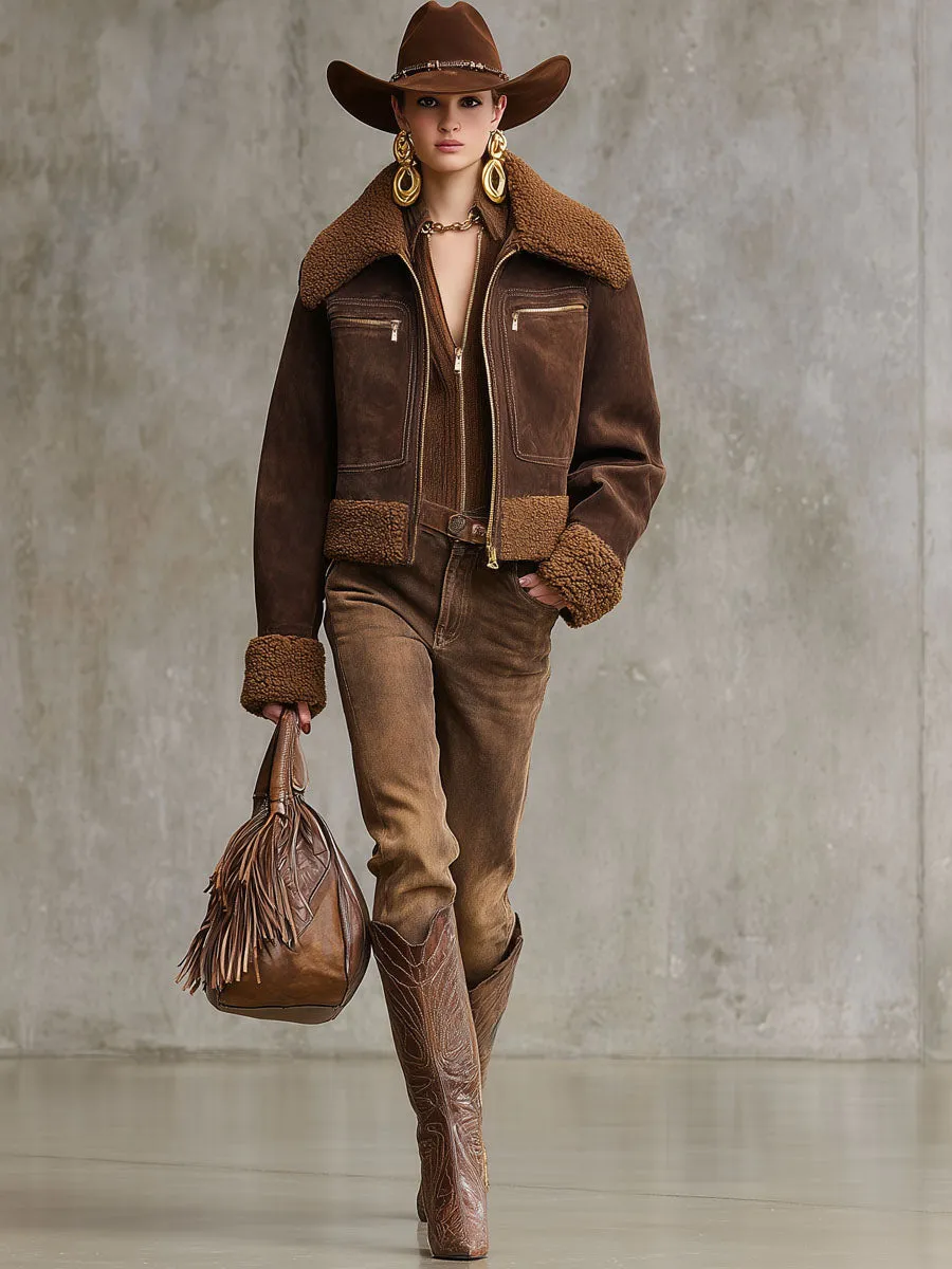 Western Lapel Zipper Faux Suede Sherpa Jacket sold by Oyrosy product image thumbnail 4