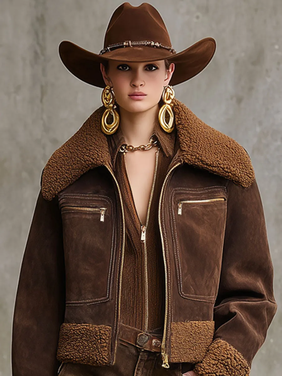 Western Lapel Zipper Faux Suede Sherpa Jacket sold by Oyrosy product image thumbnail 2