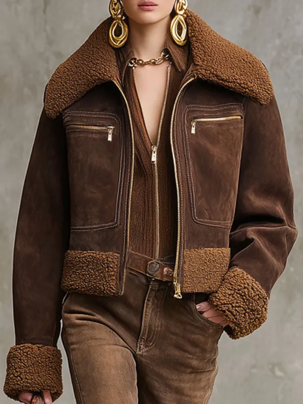 Western Lapel Zipper Faux Suede Sherpa Jacket sold by Oyrosy