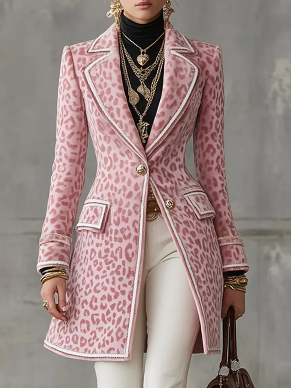 Lapel Single-breasted Pink Leopard Print Mid-length Coat sold by Oyrosy