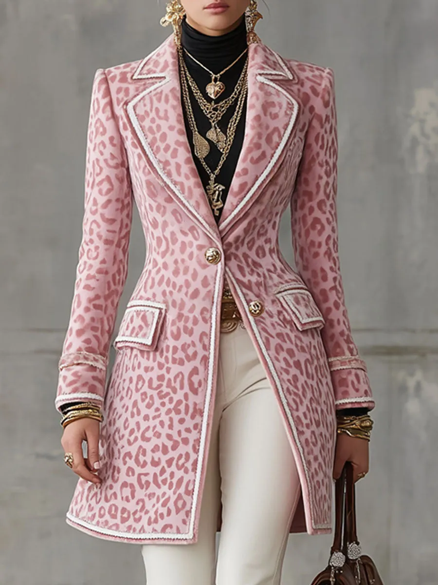 Lapel Single-breasted Pink Leopard Print Mid-length Coat sold by Oyrosy