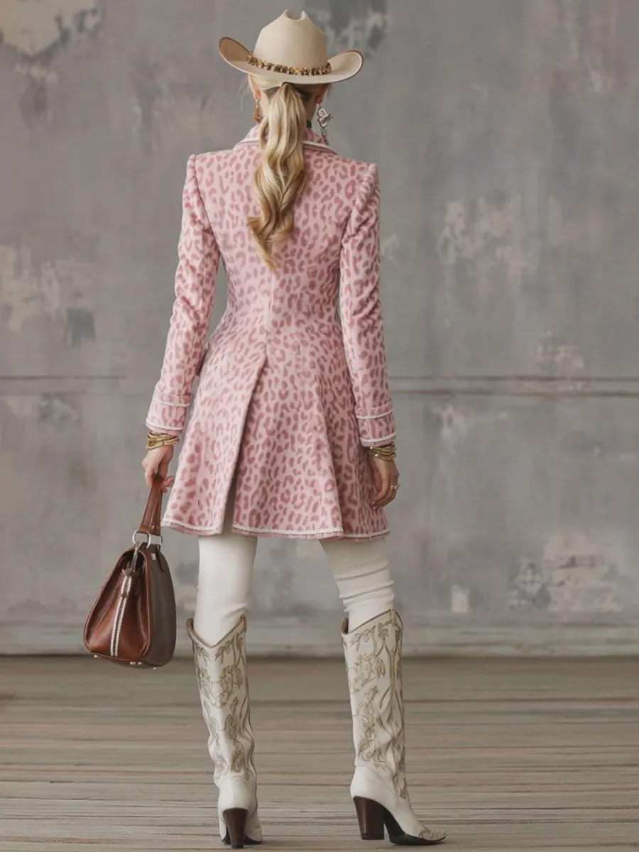 Lapel Single-breasted Pink Leopard Print Mid-length Coat sold by Oyrosy product image thumbnail 2