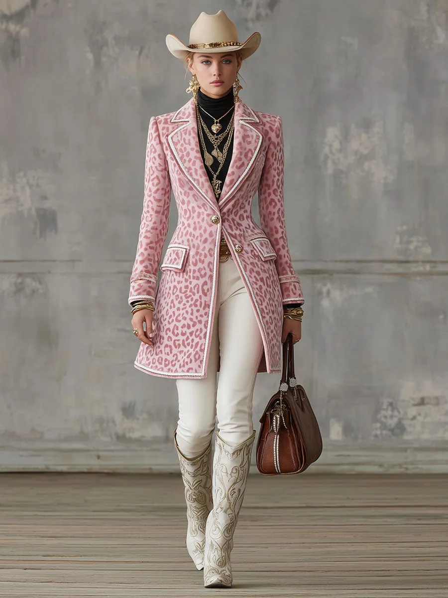 Lapel Single-breasted Pink Leopard Print Mid-length Coat sold by Oyrosy product image thumbnail 5