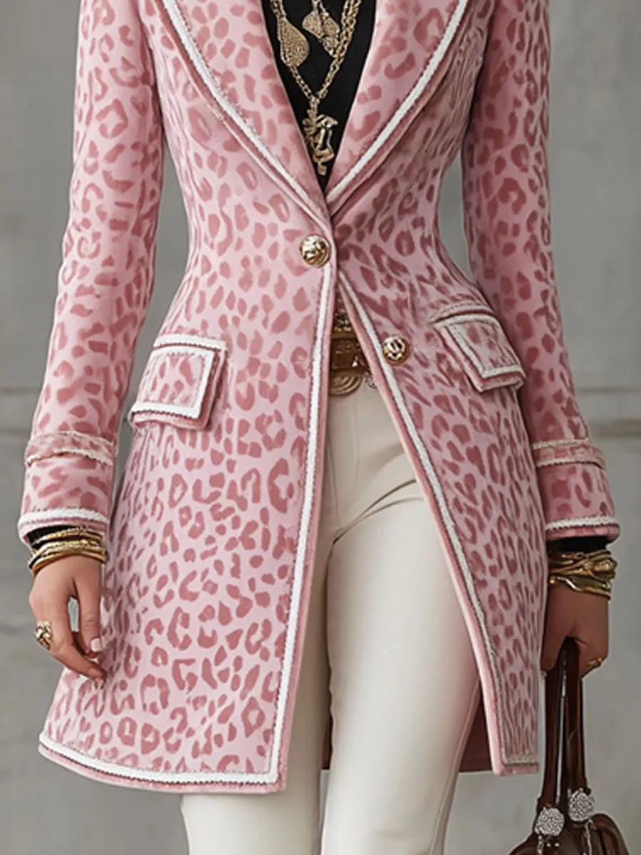 Lapel Single-breasted Pink Leopard Print Mid-length Coat sold by Oyrosy product image thumbnail 4