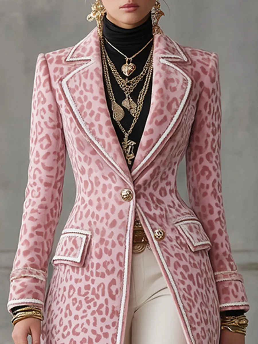 Lapel Single-breasted Pink Leopard Print Mid-length Coat sold by Oyrosy product image thumbnail 3