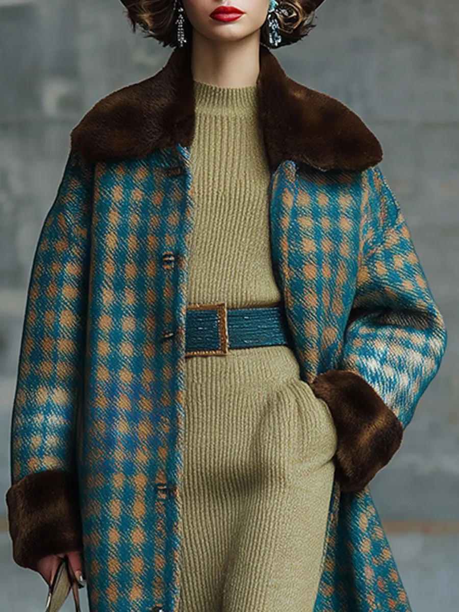 Retro Plaid Fur Collar Wool Coat sold by Oyrosy product image thumbnail 3