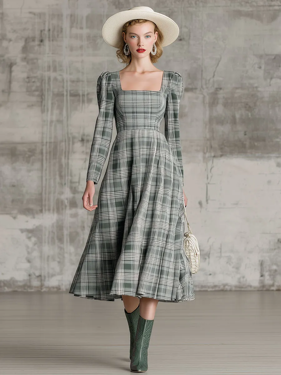 Vintage Square Neck Plaid Midi Dress sold by Oyrosy product image thumbnail 2