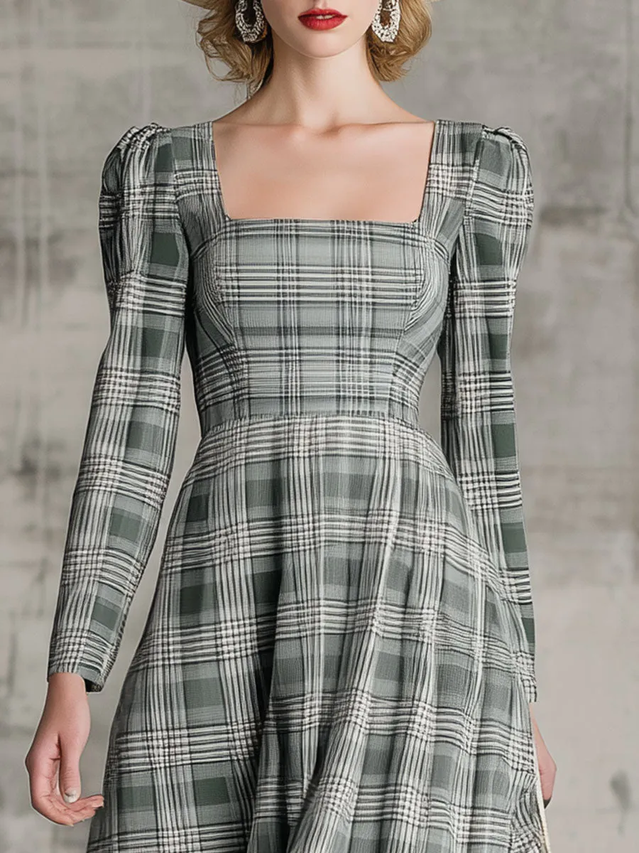 Vintage Square Neck Plaid Midi Dress sold by Oyrosy product image thumbnail 3