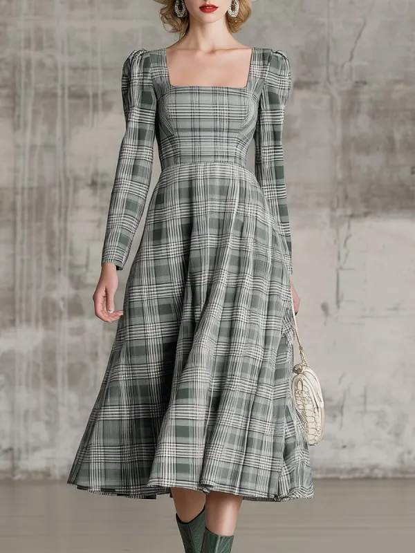 Vintage Square Neck Plaid Midi Dress sold by Oyrosy