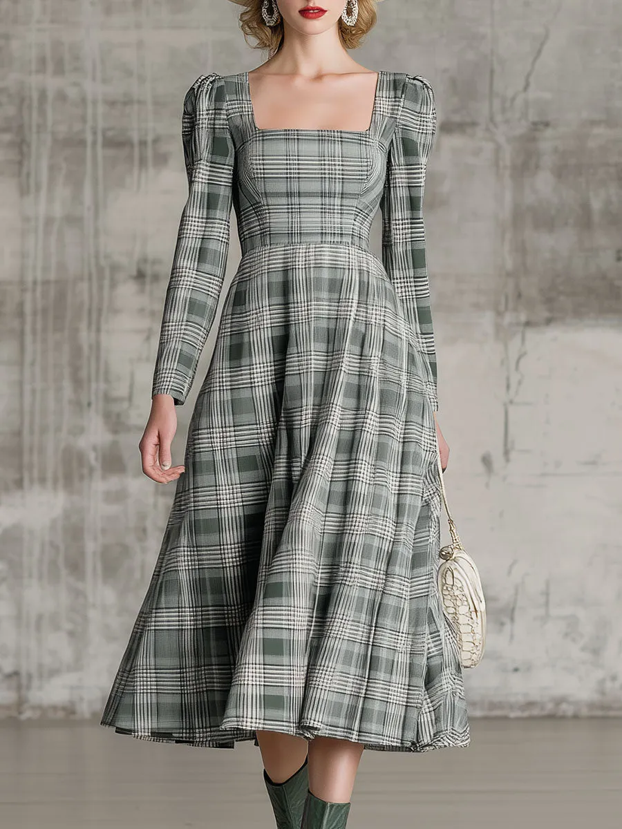 Vintage Square Neck Plaid Midi Dress sold by Oyrosy