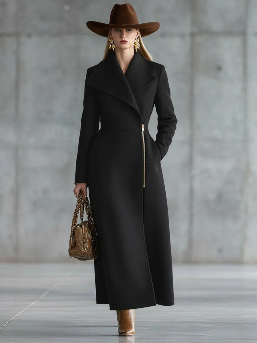 Elegant Lapel Zipper Long Wool Coat sold by Oyrosy product image thumbnail 5