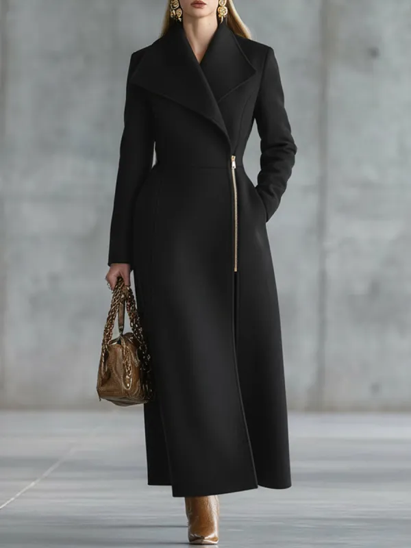 Elegant Lapel Zipper Long Wool Coat sold by Oyrosy