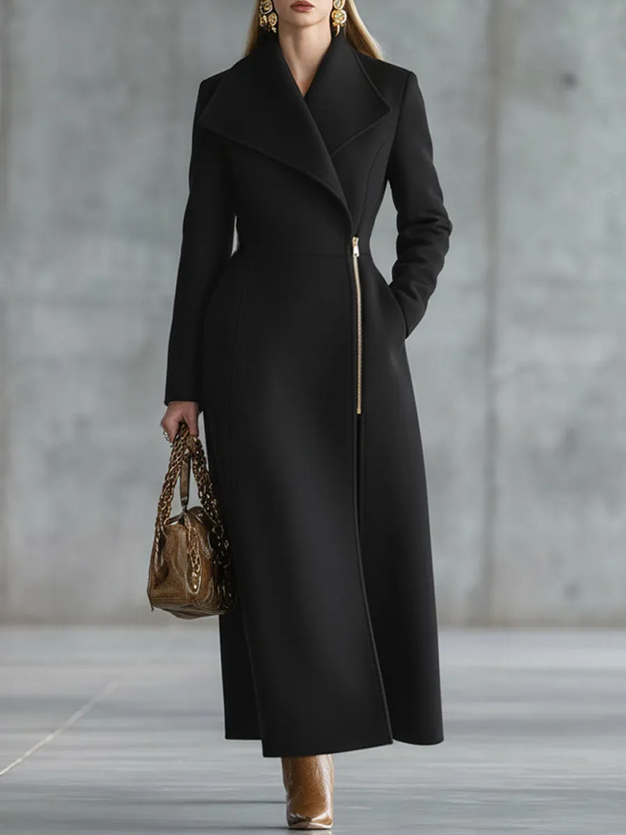 Elegant Lapel Zipper Long Wool Coat sold by Oyrosy