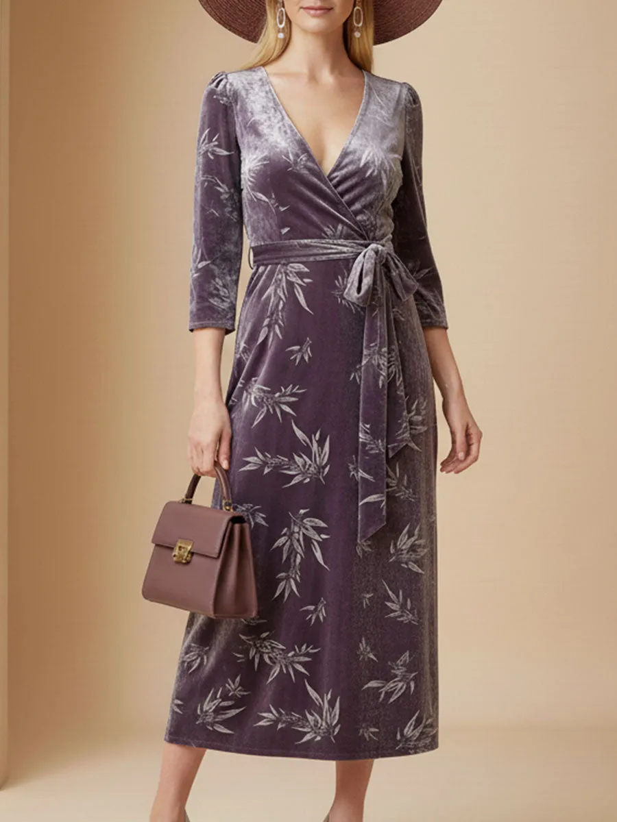 Fashion Vintage Purple Velvet Print Midi Dress sold by Oyrosy