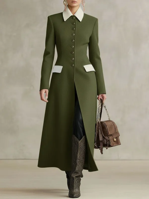 Lapel Single-breasted Double-pocket Contrast-color Stitching Wool Coat sold by Oyrosy