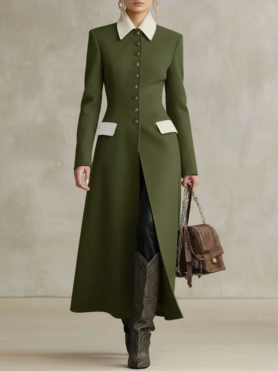 Lapel Single-breasted Double-pocket Contrast-color Stitching Wool Coat sold by Oyrosy