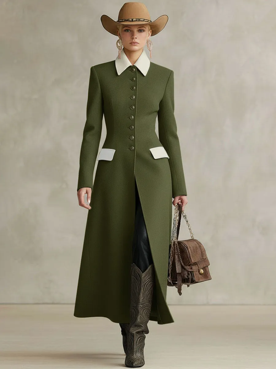 Lapel Single-breasted Double-pocket Contrast-color Stitching Wool Coat sold by Oyrosy product image thumbnail 5