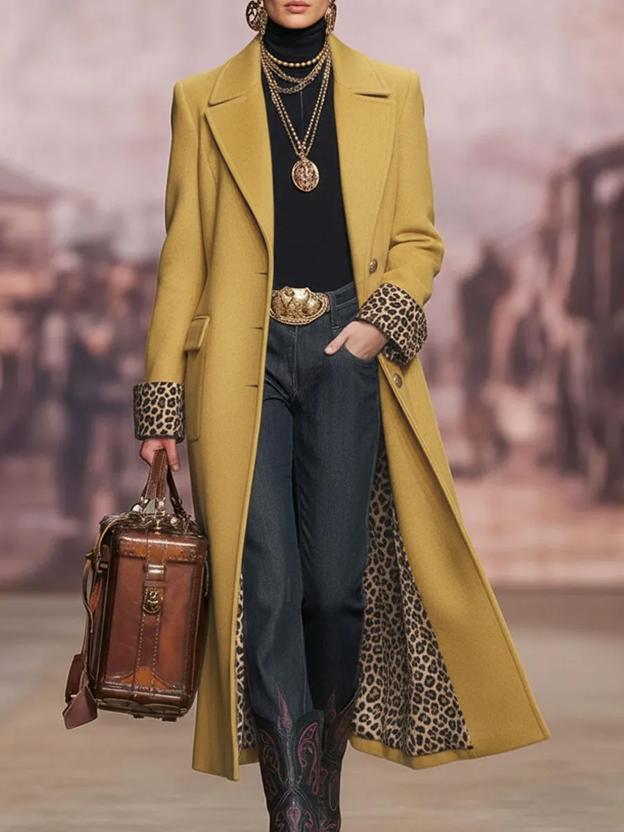 Lapel Single-breasted Double-pocket Leopard Print Wool Coat sold by Oyrosy
