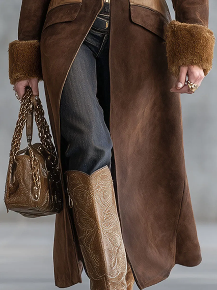 Lapel Faux Fur And Suede Zipper Coat sold by Oyrosy product image thumbnail 3