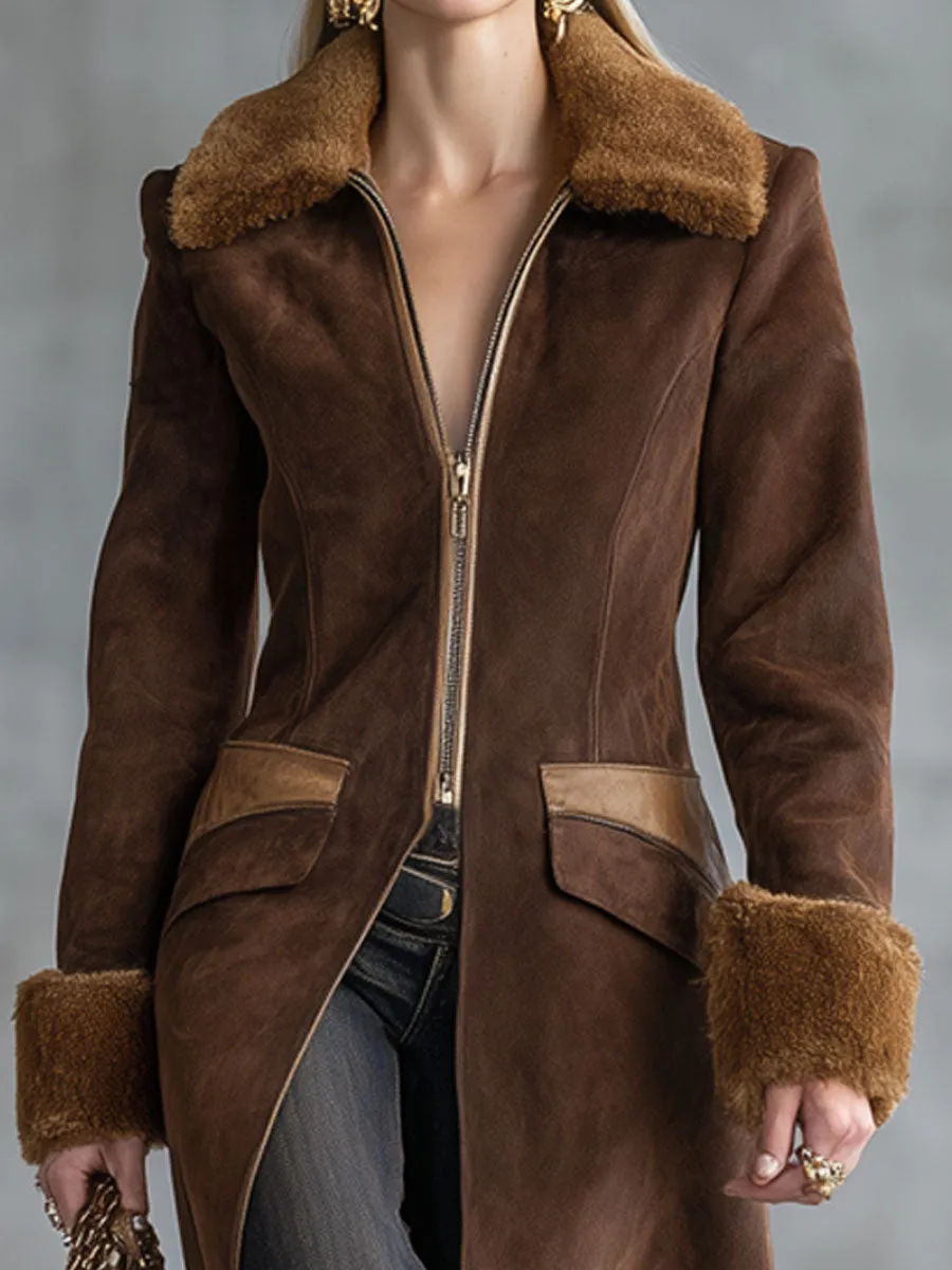 Lapel Faux Fur And Suede Zipper Coat sold by Oyrosy product image thumbnail 2