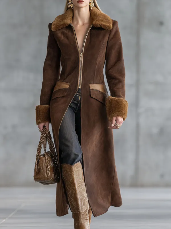 Lapel Faux Fur And Suede Zipper Coat sold by Oyrosy