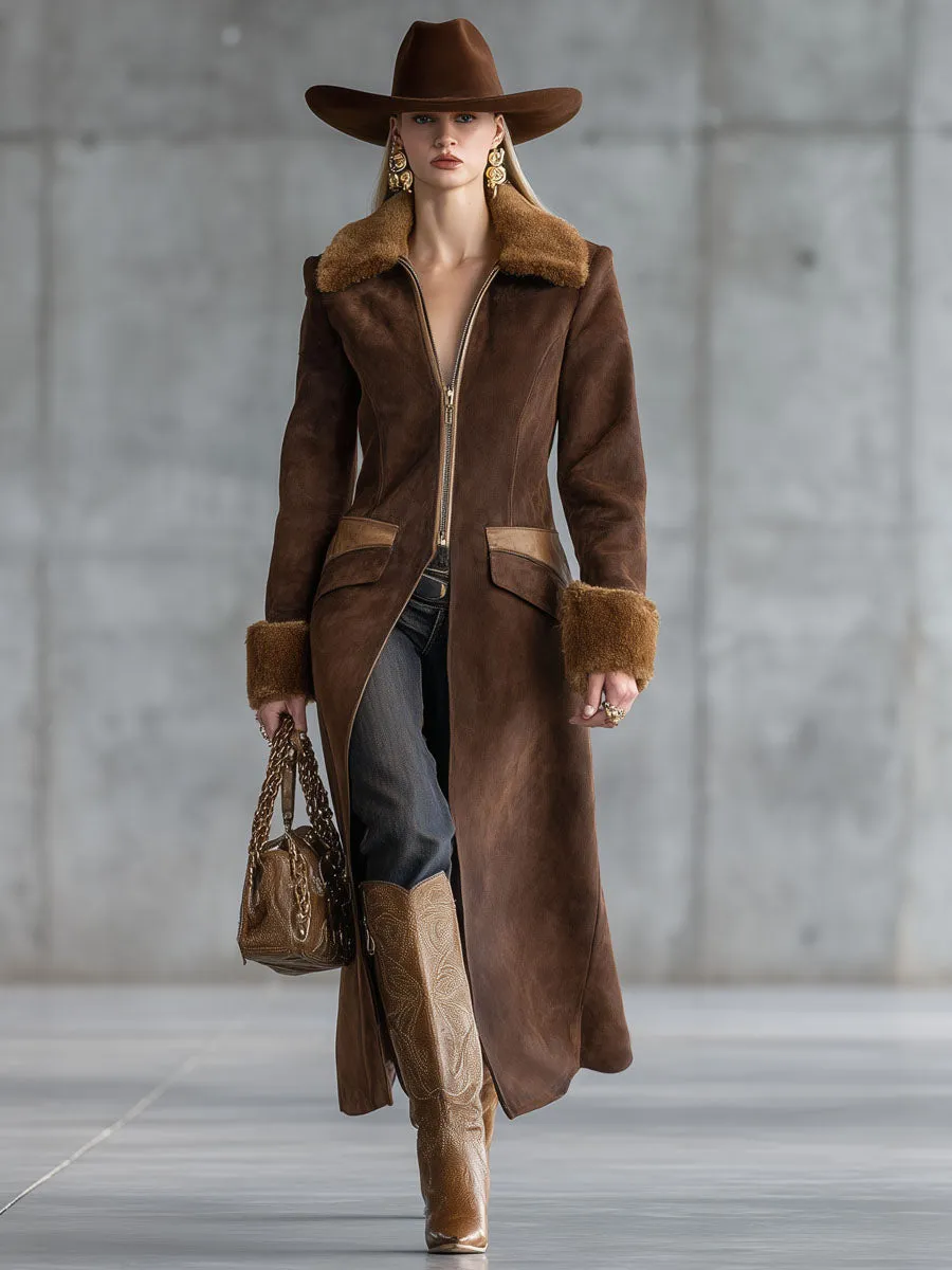 Lapel Faux Fur And Suede Zipper Coat sold by Oyrosy product image thumbnail 4