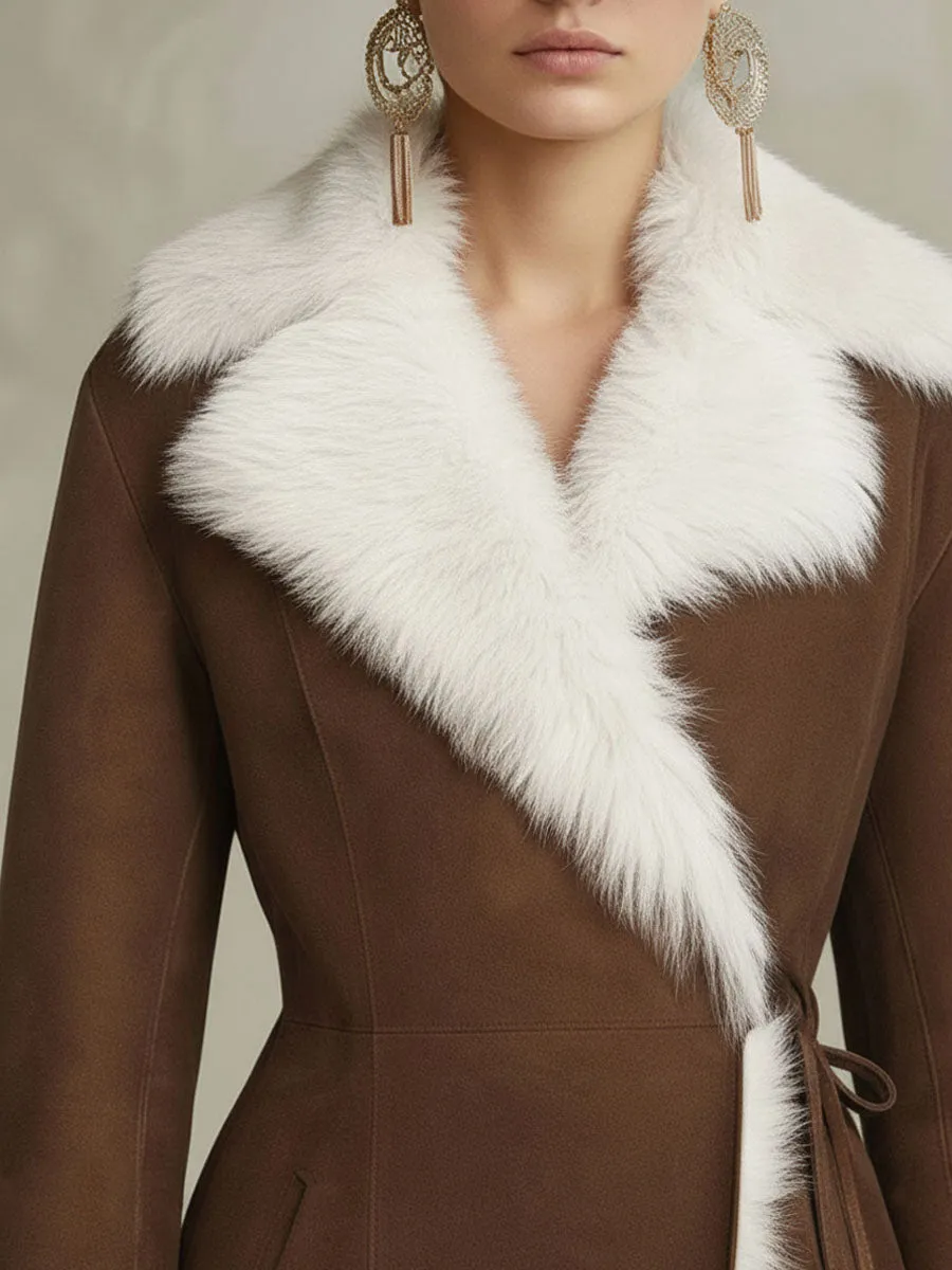 Lapel Faux Fur And Suede Lace-Up Coat sold by Oyrosy product image thumbnail 3