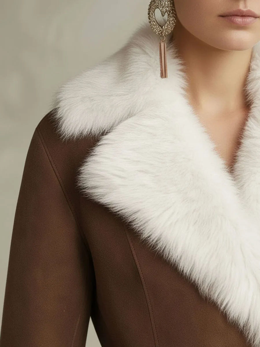 Lapel Faux Fur And Suede Lace-Up Coat sold by Oyrosy product image thumbnail 2