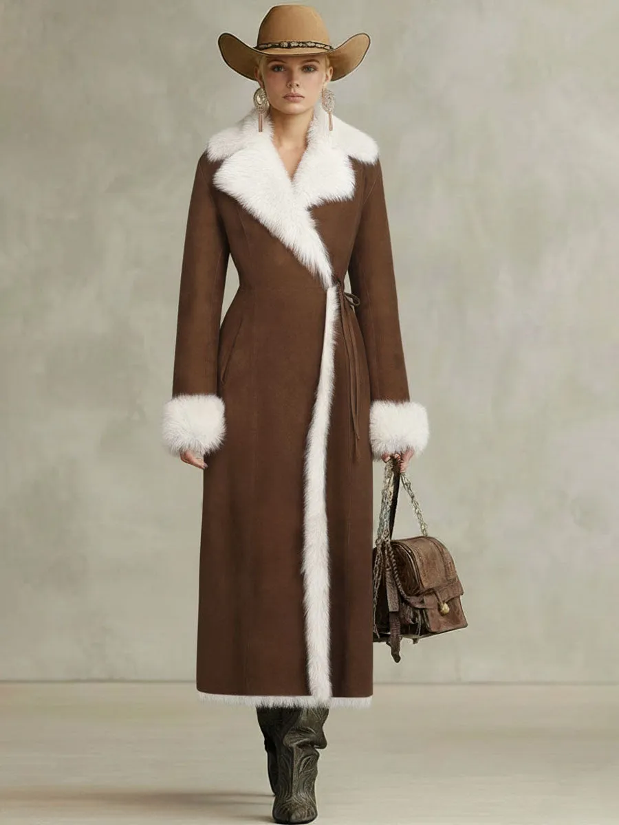 Lapel Faux Fur And Suede Lace-Up Coat sold by Oyrosy product image thumbnail 4