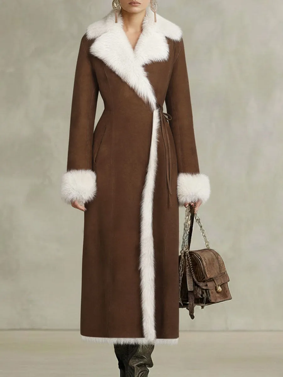 Lapel Faux Fur And Suede Lace-Up Coat sold by Oyrosy