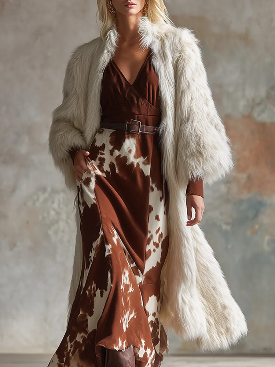 Fashionable Retro Western White Faux Fur Midi Coat sold by Oyrosy