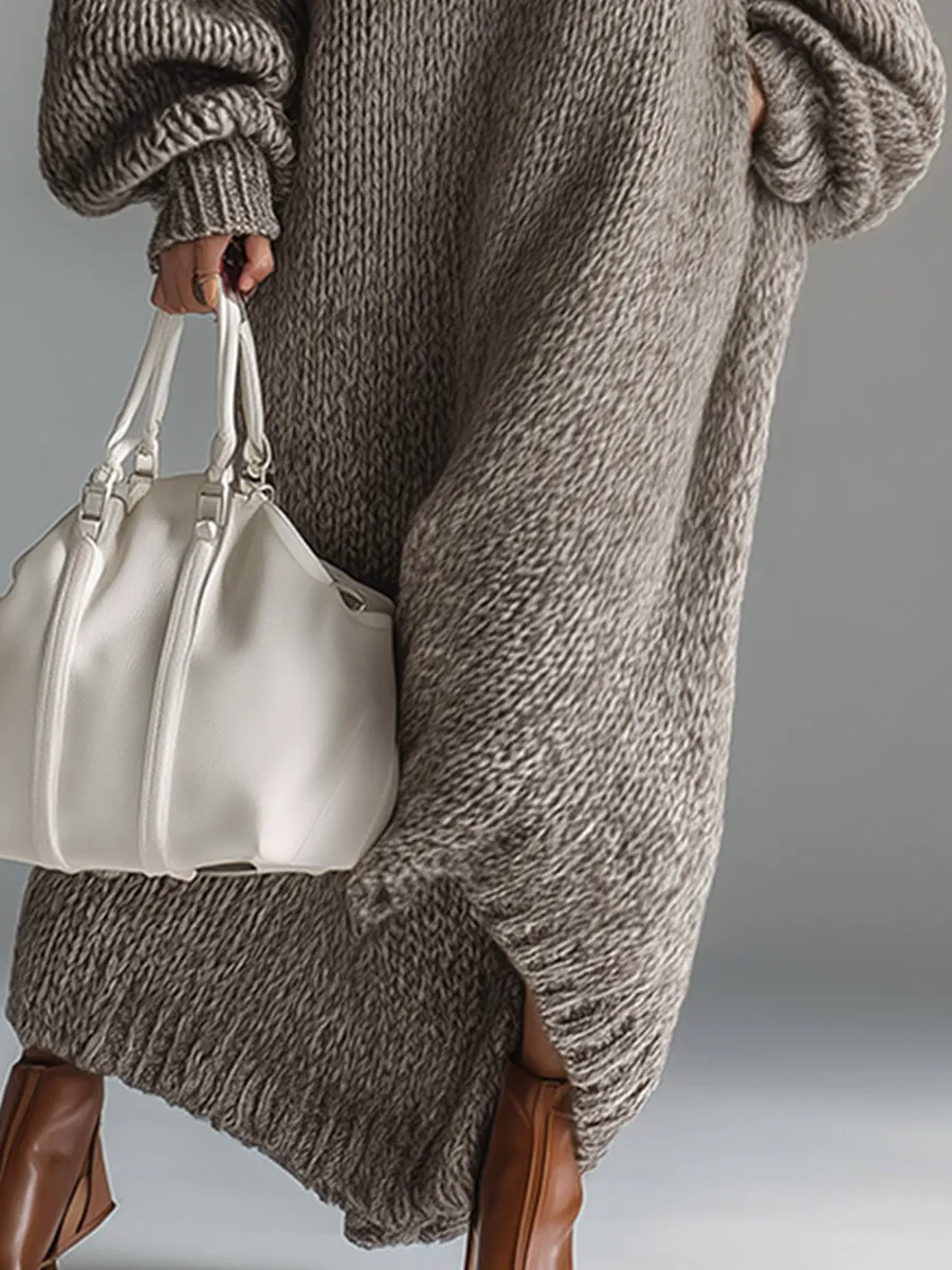 Elegant Urban Silhouette Round Neck Heathered Khaki Knitted Maxi Dress sold by Oyrosy product image thumbnail 4