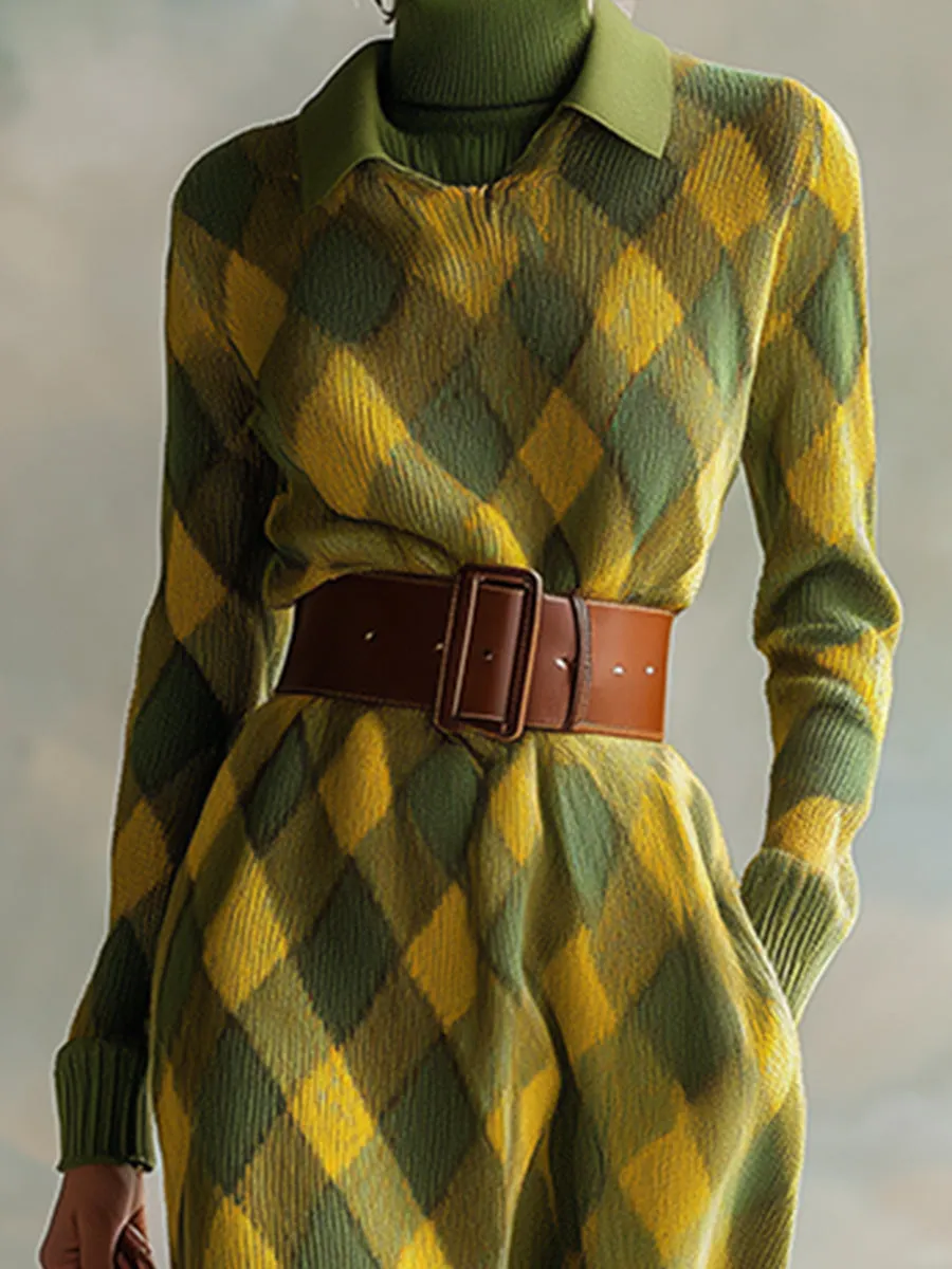 Retro Urban Lapel Yellow And Green Diamond Check Knitted Maxi Dress sold by Oyrosy product image thumbnail 3