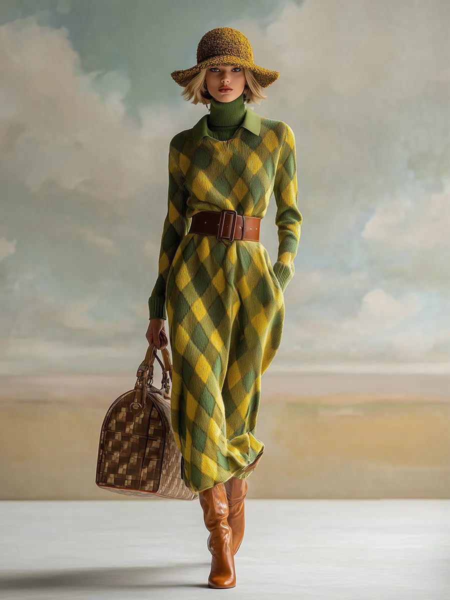 Retro Urban Lapel Yellow And Green Diamond Check Knitted Maxi Dress sold by Oyrosy product image thumbnail 2