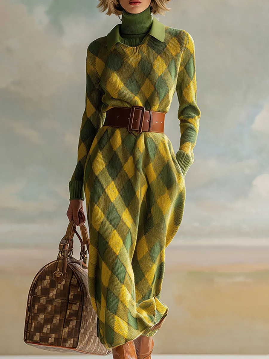 Retro Urban Lapel Yellow And Green Diamond Check Knitted Maxi Dress sold by Oyrosy