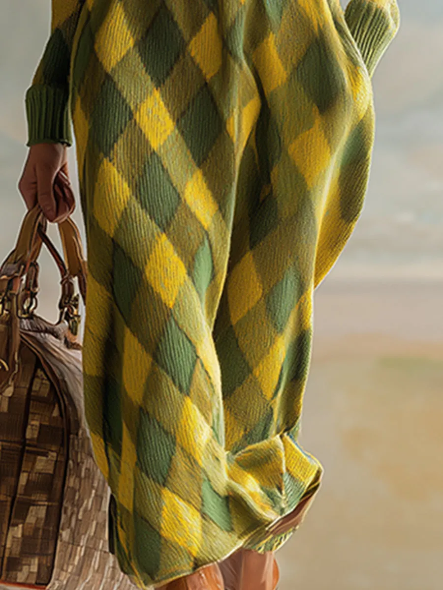 Retro Urban Lapel Yellow And Green Diamond Check Knitted Maxi Dress sold by Oyrosy product image thumbnail 4