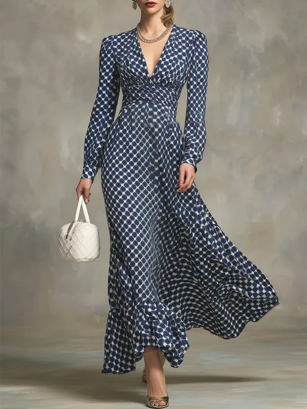 Retro Blue Polka Dot Textured V-neck Thick Chiffon Maxi Dress sold by Oyrosy