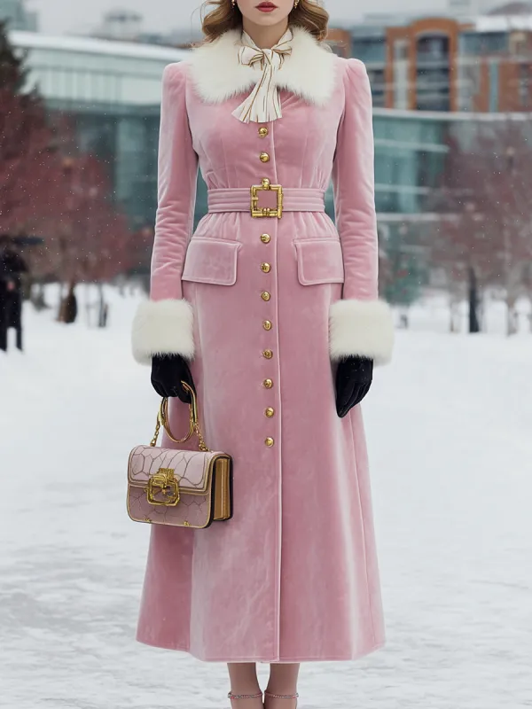 Fashion Pink Velvet Collar And Cuffs With Fur Button Coat sold by Oyrosy